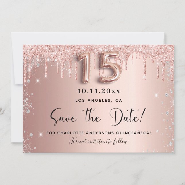 Quinceanera rose gold silver glitter save the date (Front)