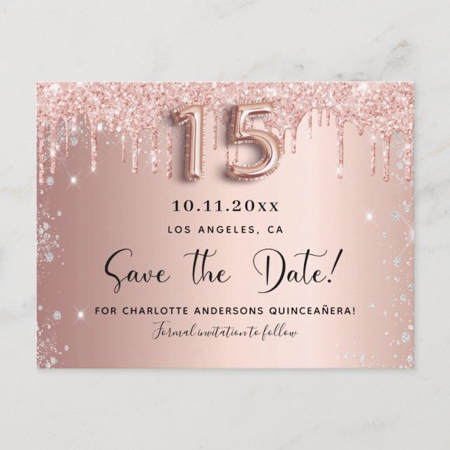 Quinceanera rose gold silver glitter save the date announcement postcard (Front)