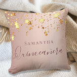 Quinceanera rose gold sparkling stars name throw pillow<br><div class="desc">A pillow for a Quinceañera,  15th years old girls room. A faux rose gold background with an elegant faux golden sparkling stars. The text: Quinceañera is written in dark rose gold with a large modern hand lettered style script. Tempate for a name.</div>