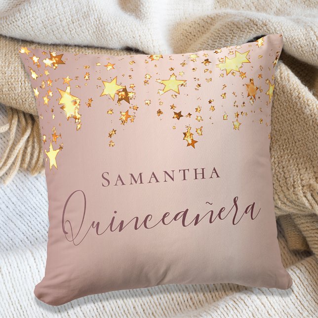 Quinceanera rose gold sparkling stars name throw pillow (Creator Uploaded)