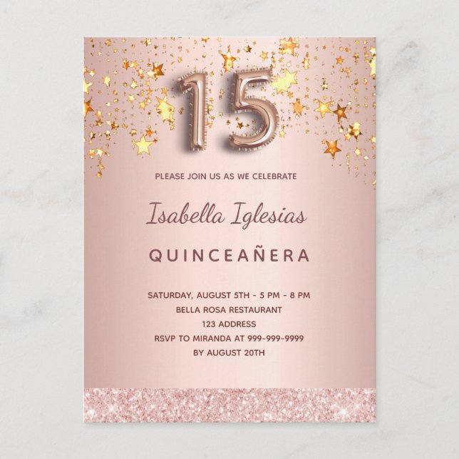 Quinceanera rose gold stars pink balloon script postcard (Front)