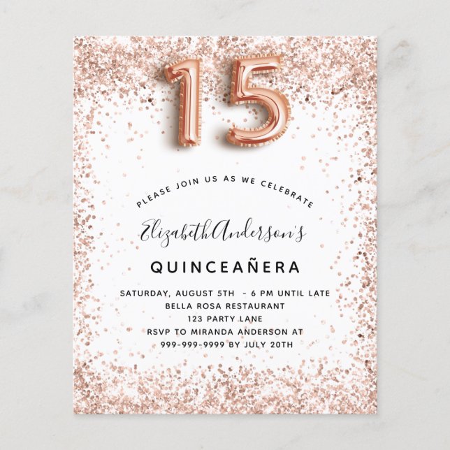 Quinceanera rose gold white budget invitation flyer (Front)