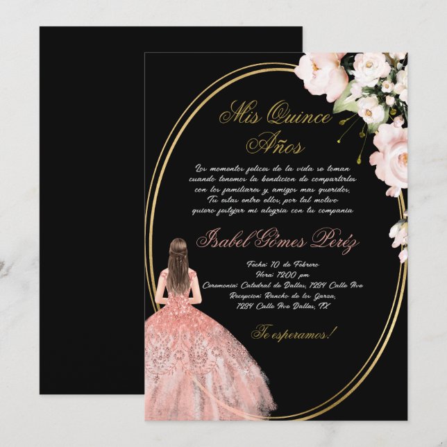 Quinceanera rose noire invitation en espagnol (Devant / Derrière)
