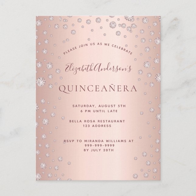 Quinceanera rose or diamants invitation (Devant)
