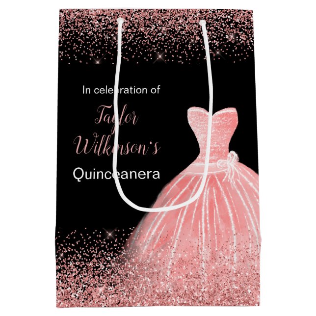 Quinceanera Rose Pink Dress Faux Glitter Medium Gift Bag (Back)