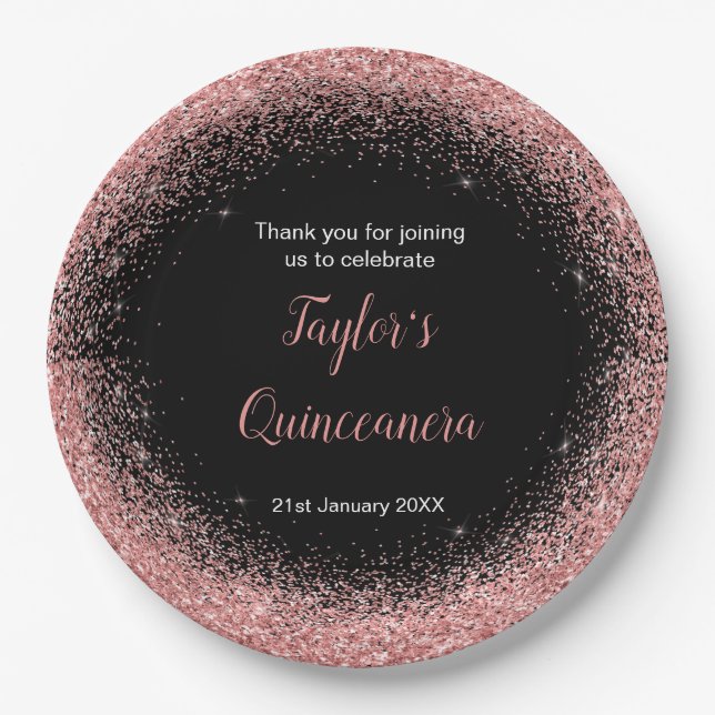 Quinceanera Rose Pink Faux Glitter Birthday Party Paper Plate (Front)