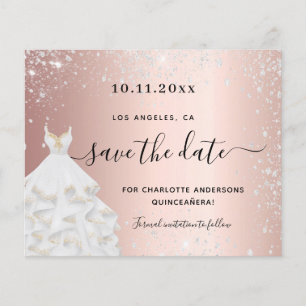 Quinceanera rose silver dress budget save the date flyer