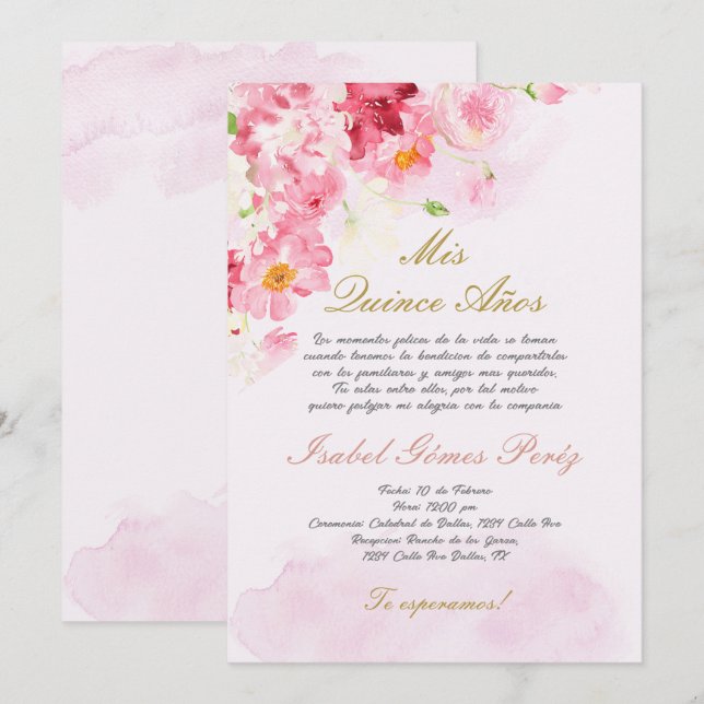 Quinceanera rose vif invitation en espagnol (Devant / Derrière)