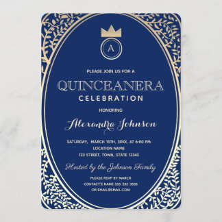 Quinceanera Royal Blue and Gold Princess Monogram Invitation