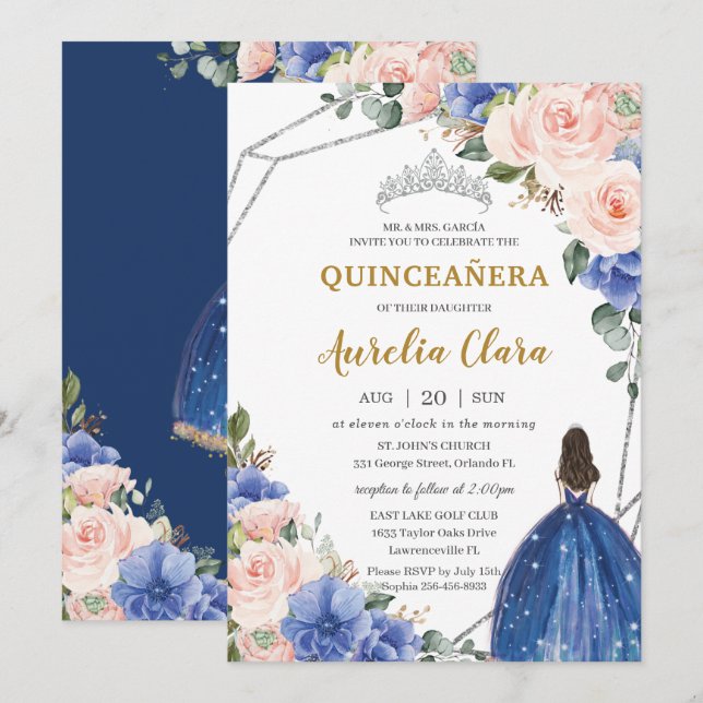 Quinceañera Royal Blue Blush Floral Silver Tiara Invitation (Front/Back)