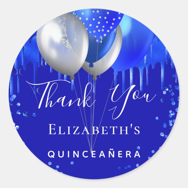 Quinceanera royal blue drips name thank you classic round sticker (Front)