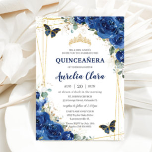 Quinceañera Royal Blue Floral Butterflies Birthday Invitation