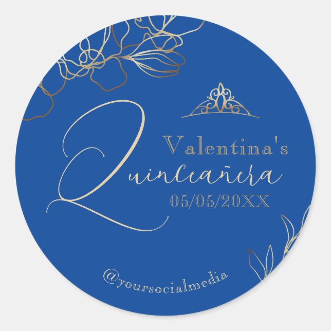 Quinceañera Royal Blue Floral Classic Round Sticker (Front)
