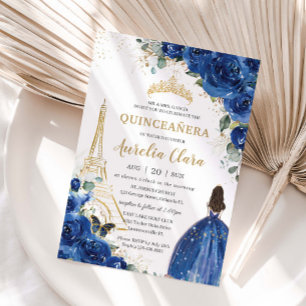 Quinceañera Royal Blue Floral Paris Eiffel Gold Invitation