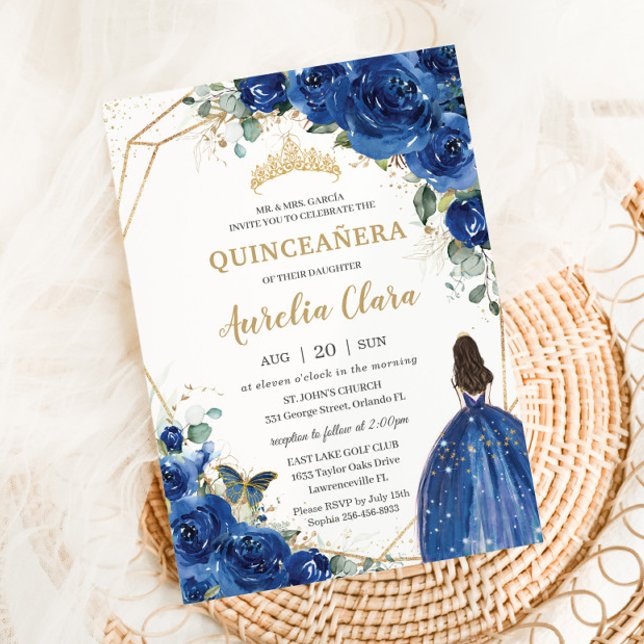 Quinceañera Royal Blue Floral Princess 15 Años  Invitation (Creator Uploaded)