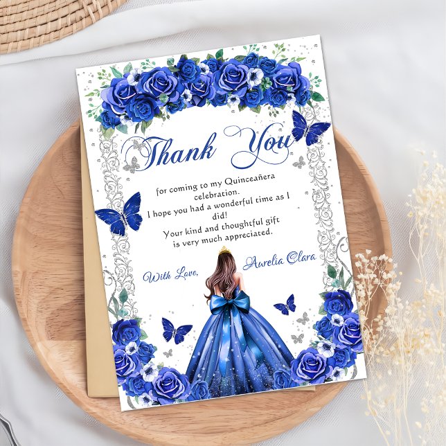 Quinceañera Royal Blue Floral Princess Butterflies Thank You Card (Creator Uploaded)