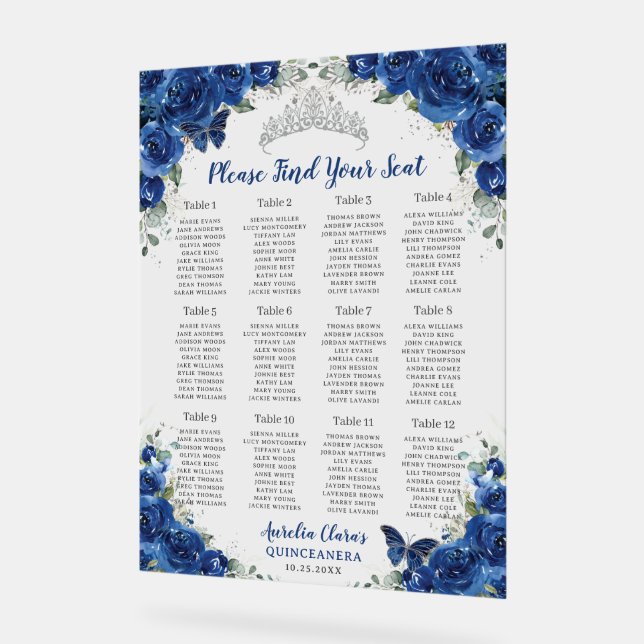 Quinceañera Royal Blue Floral Siège en argent (Angle)