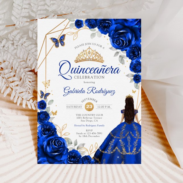 Quinceanera Royal Blue Gold Dress Invitation (Creator Uploaded)