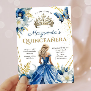 Quinceañera Royal Blue Gold Tiara Floral Butterfly Invitation