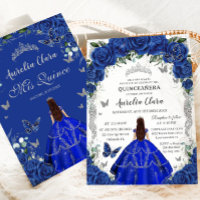 Quinceañera Royal Blue Roses Floral Vintage Silver