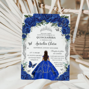 Quinceañera Royal Blue Roses Floral Vintage Silver Invitation