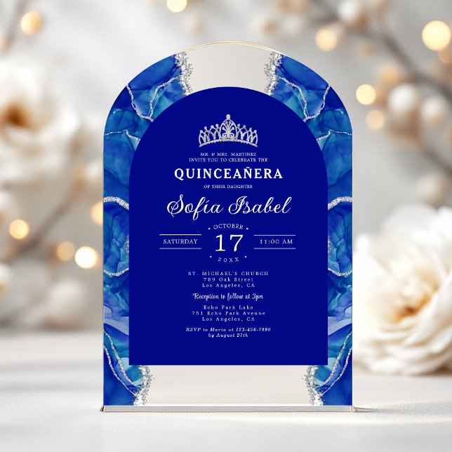 Quinceañera Royal Blue Silver Agate Elegant Acrylic Invitations (Creator Uploaded)