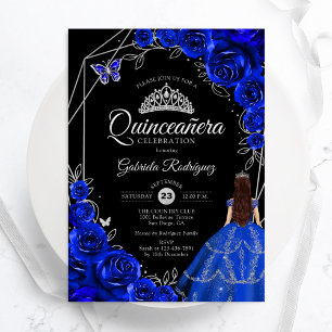 Quinceanera Royal Blue Silver Dress Floral Invitation