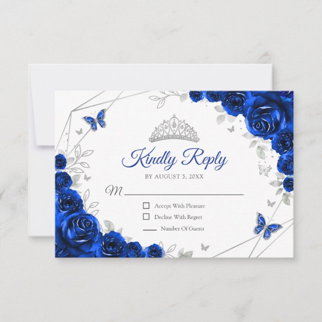 Quinceanera Royal Blue Silver Floral Reply RSVP Card (Front)