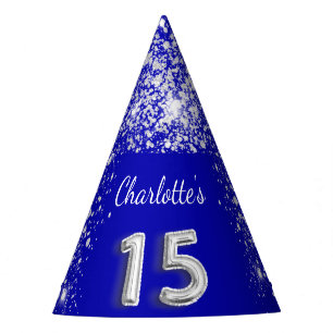 Quinceanera royal blue silver glitter name party hat