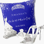 Quinceanera royal blue silver glitter tiara dress throw pillow<br><div class="desc">For an elegant Quinceañera,  15th birthday.  A trendy royal blue background colour,   the blue colour is uneven. Decorated with faux silver glitter dust, a tiara crown and a dress. Personalize and add a name,  age and a date. Quinceañera is written with a modern hand lettered style script with swashes.</div>