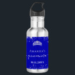 Quinceanera royal blue silver glitter tiara name 532 ml water bottle<br><div class="desc">For an elegant Quinceañera,  15th birthday.  A trendy royal blue background colour. Decorated with faux silver glitter dust, a tiara crown. Personalize and add a name. Quinceañera is written with a modern hand lettered style script with swashes.</div>
