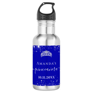 Quinceanera royal blue silver glitter tiara name 532 ml water bottle