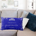 Quinceanera royal blue silver glitter tiara name lumbar pillow<br><div class="desc">For an elegant Quinceañera,  15th birthday.  A trendy royal blue background colour. Decorated with faux silver glitter dust, a tiara crown. Personalize and add a name,  age and a date. Quinceañera is written with a modern hand lettered style script with swashes.</div>