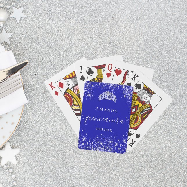 Quinceanera royal blue silver glitter tiara name playing cards (Creator Uploaded)