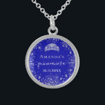 Quinceanera royal blue silver glitter tiara name sterling silver necklace<br><div class="desc">For an elegant Quinceañera,  15th birthday.  A trendy royal blue background colour. Decorated with faux silver glitter dust, a tiara crown. Personalize and add a name,  age and a date. Quinceañera is written with a modern hand lettered style script with swashes.</div>
