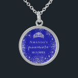 Quinceanera royal blue silver glitter tiara name sterling silver necklace<br><div class="desc">For an elegant Quinceañera,  15th birthday.  A trendy royal blue background colour. Decorated with faux silver glitter dust, a tiara crown. Personalize and add a name,  age and a date. Quinceañera is written with a modern hand lettered style script with swashes.</div>