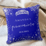 Quinceanera royal blue silver glitter tiara name throw pillow<br><div class="desc">For an elegant Quinceañera,  15th birthday.  A trendy royal blue background colour. Decorated with faux silver glitter dust, a tiara crown. Personalize and add a name,  age and a date. Quinceañera is written with a modern hand lettered style script with swashes.</div>