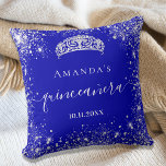 Quinceanera royal blue silver glitter tiara name throw pillow<br><div class="desc">For an elegant Quinceañera,  15th birthday.  A trendy royal blue background colour. Decorated with faux silver glitter dust, a tiara crown. Personalize and add a name,  age and a date. Quinceañera is written with a modern hand lettered style script with swashes.</div>