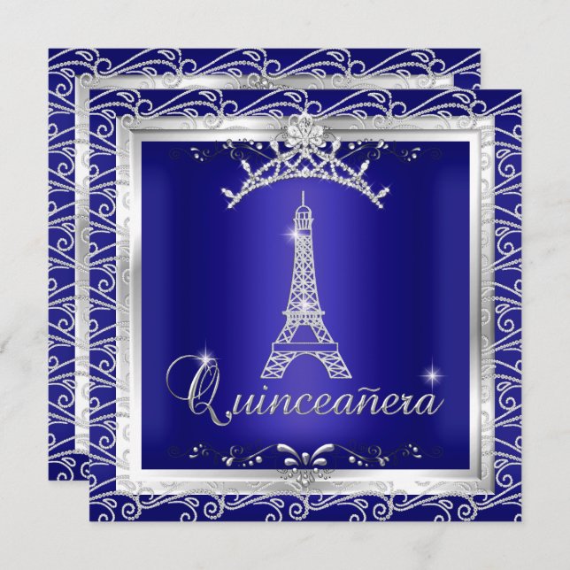 Quinceanera Royal Blue Silver Tiara Eiffel Tower 2 Invitation (Front/Back)