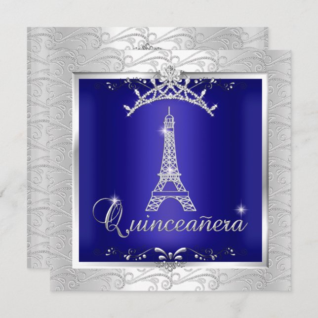 Quinceanera Royal Blue Silver Tiara Eiffel Tower Invitation (Front/Back)