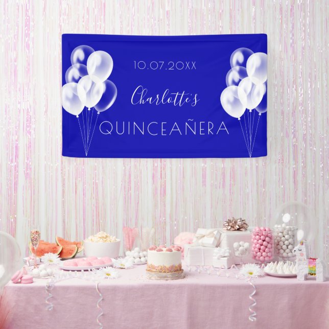 Quinceanera royal blue white balloons party banner (Party)
