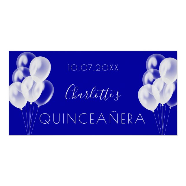 Quinceanera royal blue white balloons party poster (Front)