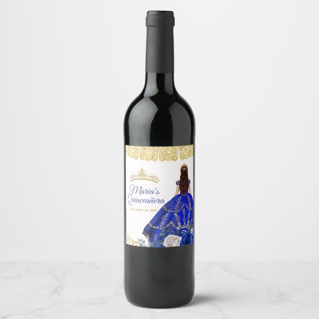 Quinceañera Royal Blue Wine Bottle Party Label (Front)