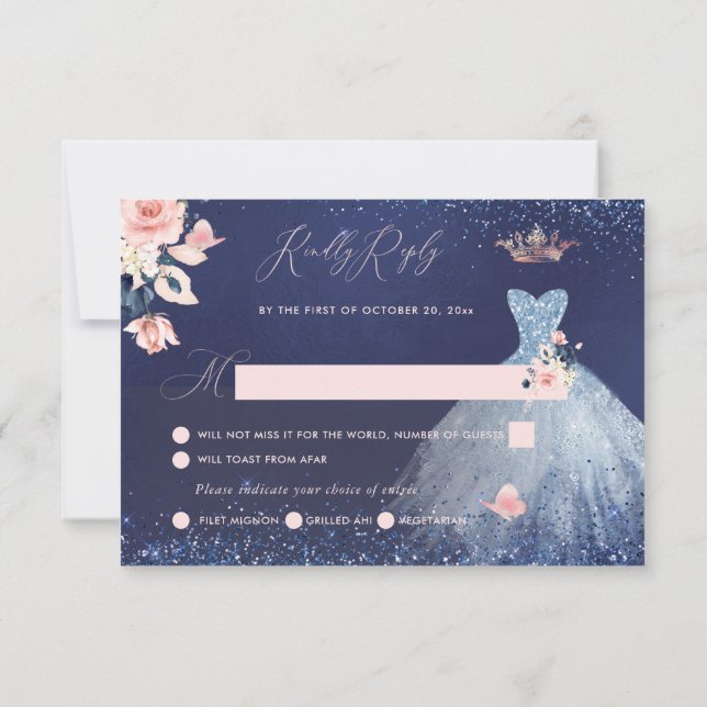 Quinceanera RSVP Dusty Blue Glitter Princess Gown Invitation (Back)