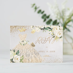 Quinceanera RSVP Gold Glitter Gown Invitation