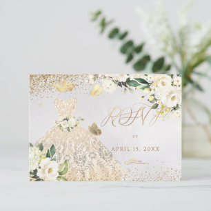 Quinceanera RSVP Gold Glitter Gown Invitation