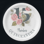 Quinceanera Rustic 15th Birthday Floral Paper Plate<br><div class="desc">Cute modern yet elegant Quinceañera Mis Quince Anos birthday party supplies. Featuring a rustic floral olive green and pink colours design and template that can be easily edited and the text replaced with your own details by clicking the "Personalize" button. For further customization, please click the "Customize Further" link and...</div>