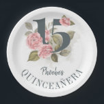 Quinceanera Rustic 15th Birthday Floral Paper Plate<br><div class="desc">Cute modern yet elegant Quinceañera Mis Quince Anos birthday party supplies. Featuring a rustic floral olive green and pink colours design and template that can be easily edited and the text replaced with your own details by clicking the "Personalize" button. For further customization, please click the "Customize Further" link and...</div>