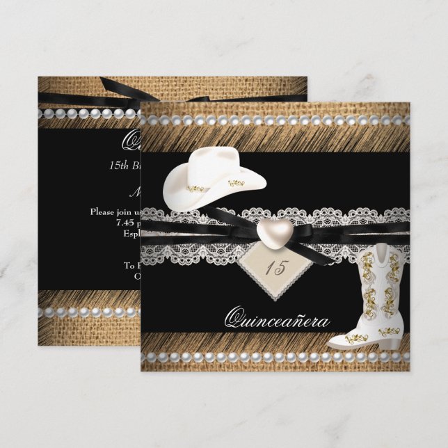 Quinceanera Rustic Burlap Cowgirl Hat Boots Party Invitation (Front/Back)