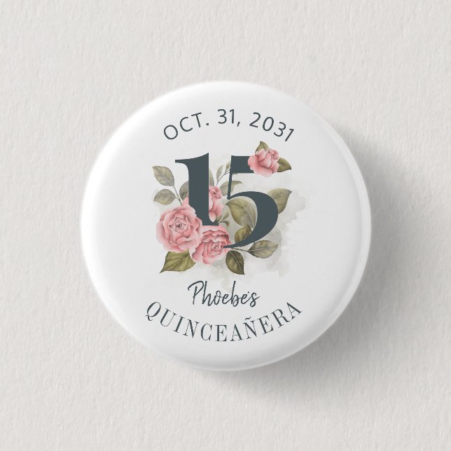 Quinceanera Rustic Floral 15th Birthday 1 Inch Round Button (Front)